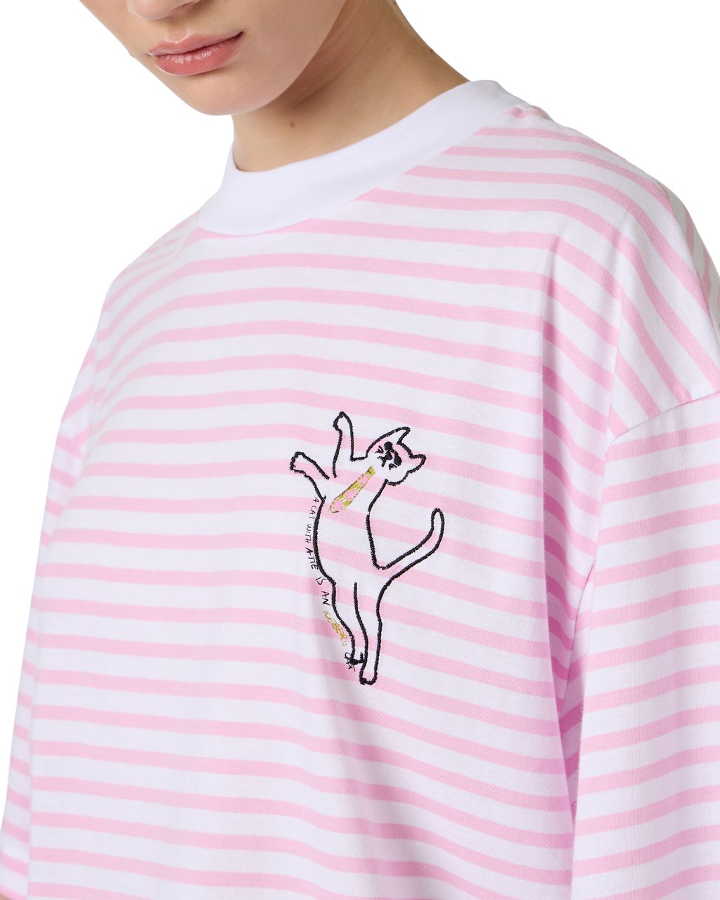 Iceberg White and pink striped, relaxed fit cotton jersey T-shirt, with cat print Zwart