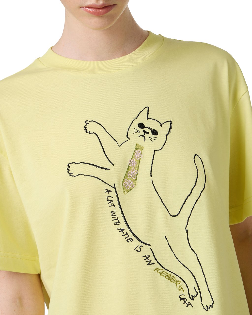 Iceberg Regular fit yellow T-shirt in sustainable cotton jersey with embroidered cat print Geel
