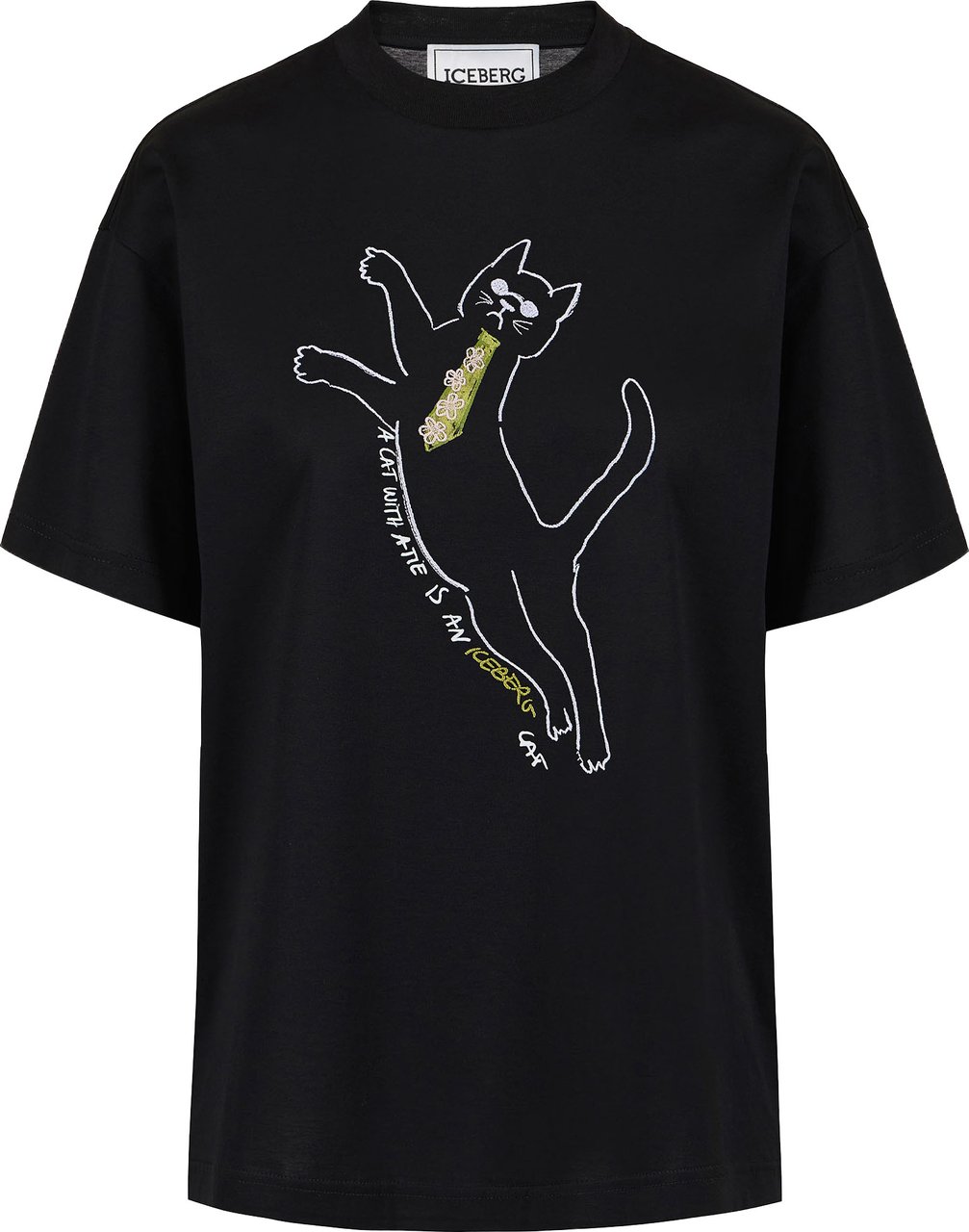 Iceberg Regular fit black T-shirt in sustainable cotton jersey with embroidered cat print Zwart