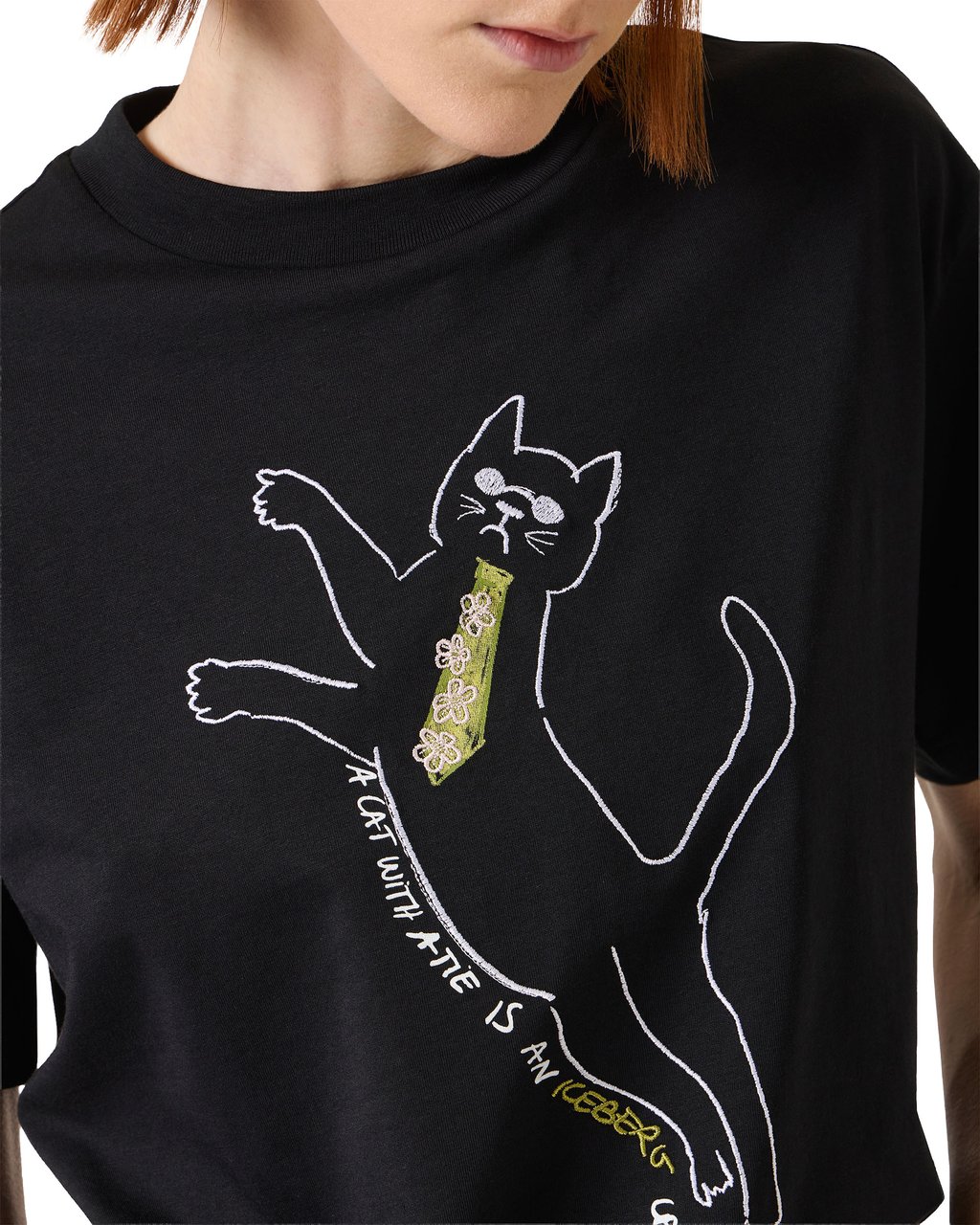 Iceberg Regular fit black T-shirt in sustainable cotton jersey with embroidered cat print Zwart