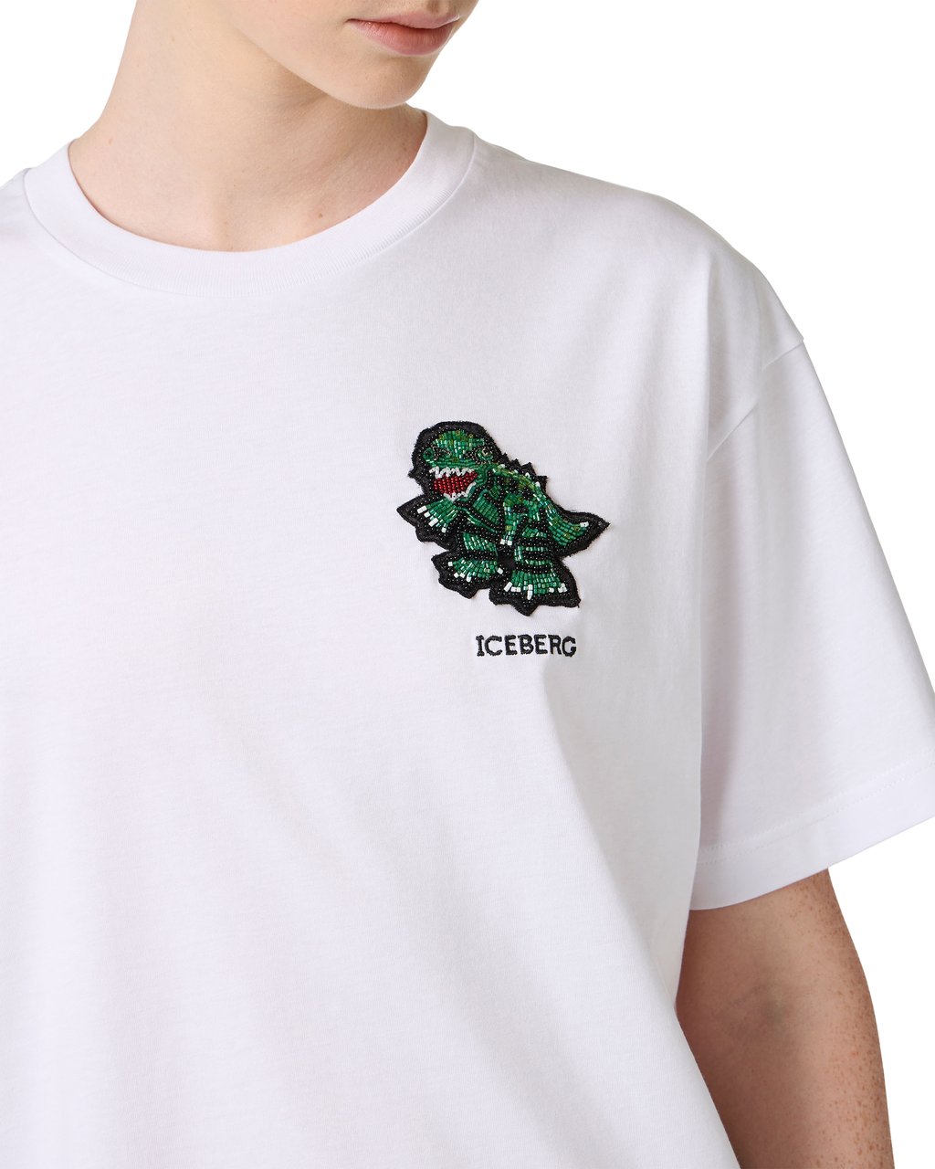 Iceberg Regular fit optic white cotton jersey T-shirt with dinosaur patch Wit