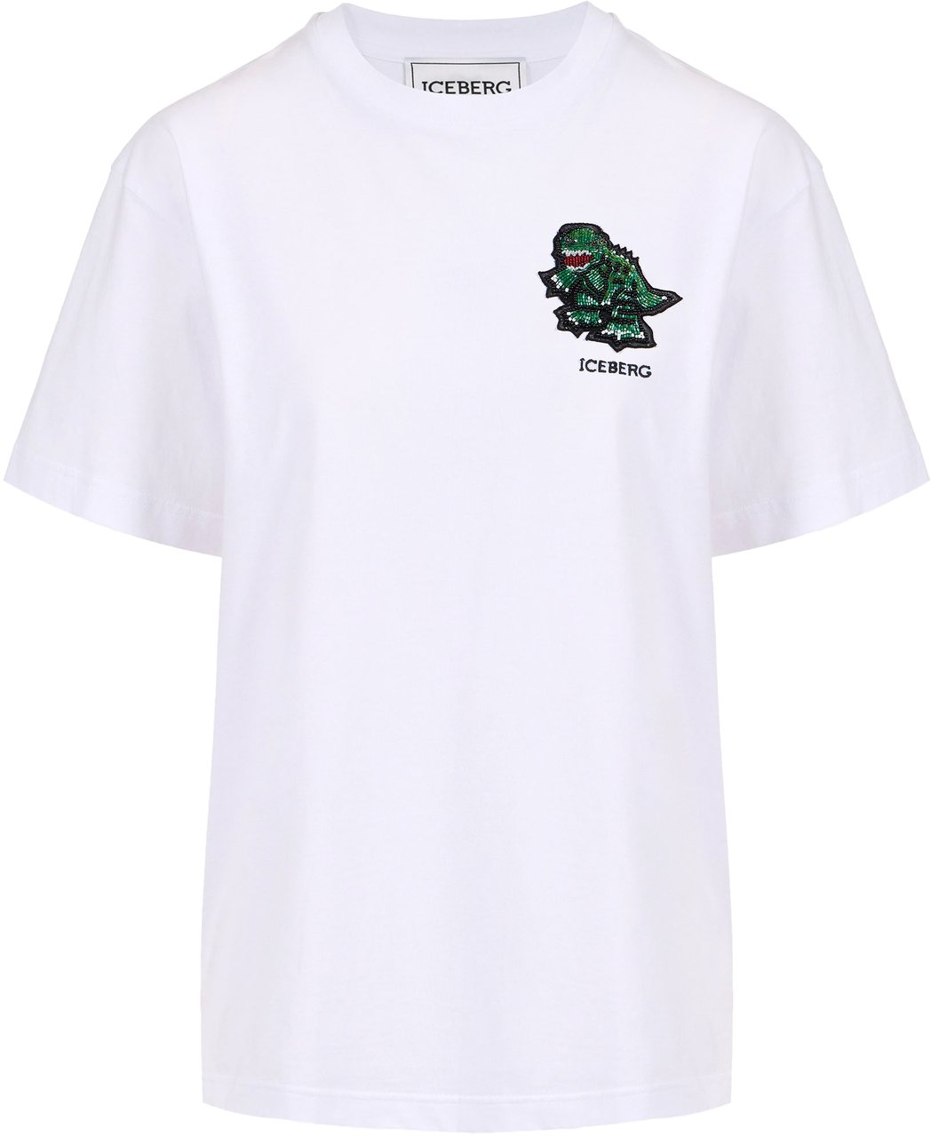 Iceberg Regular fit optic white cotton jersey T-shirt with dinosaur patch Wit