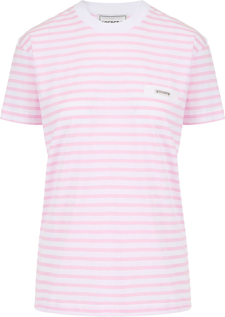 Iceberg Regular fit white and pink striped cotton jersey T-shirt Zwart