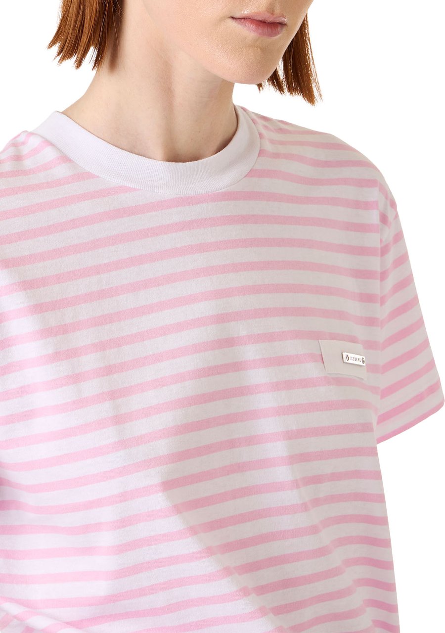 Iceberg Regular fit white and pink striped cotton jersey T-shirt Zwart