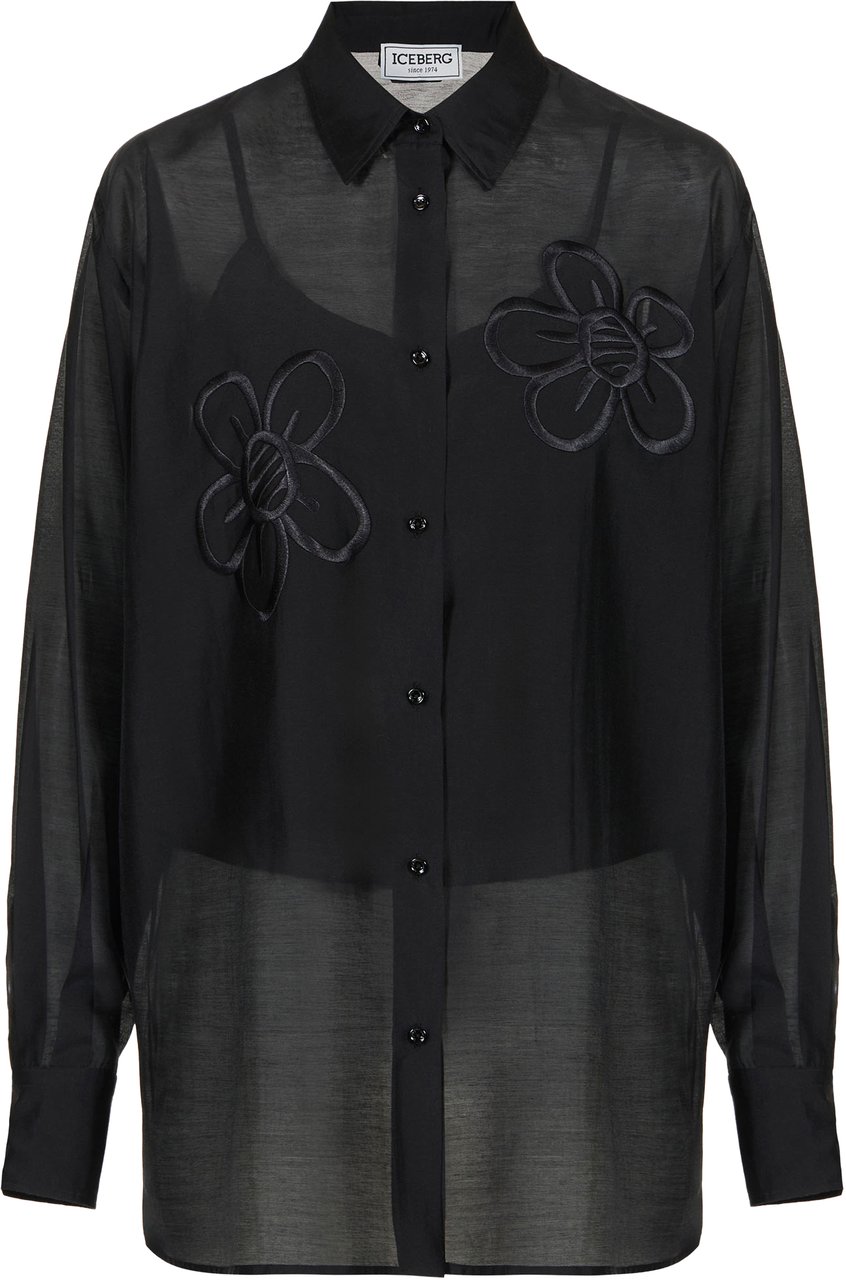 Iceberg Oversized fit black muslin shirt with floral embroidery Zwart