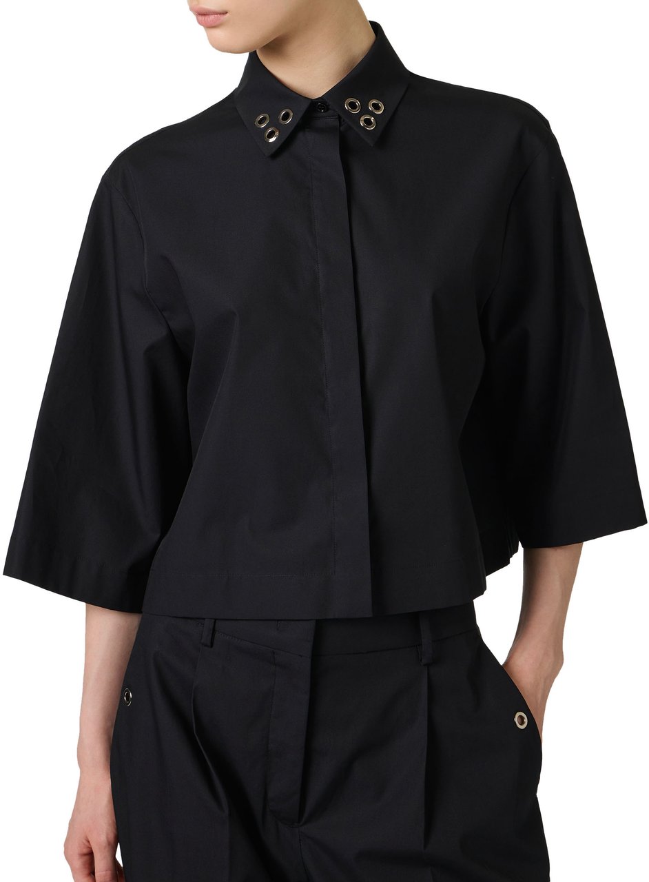 Iceberg Cropped fit short-sleeved black shirt in cotton poplin Zwart