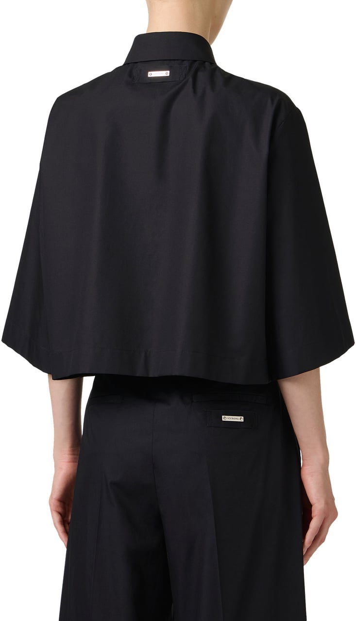 Iceberg Cropped fit short-sleeved black shirt in cotton poplin Zwart