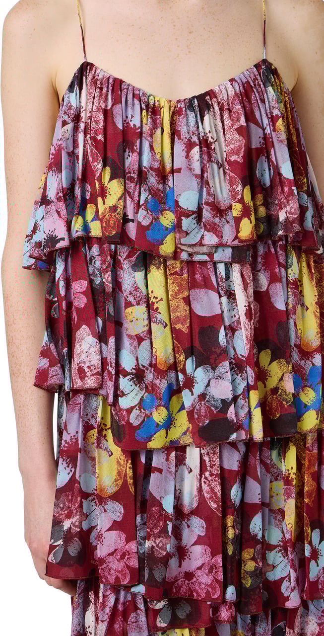 Iceberg Relaxed fit dress with ruffles on a patterned red background in viscose georgette Divers