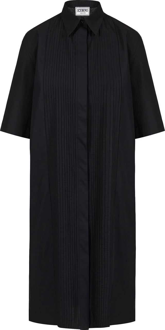 Iceberg Short-sleeved black dress in poplin with a pleated front panel Zwart