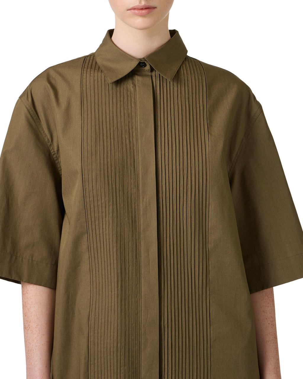 Iceberg Short-sleeved khaki dress in poplin with a pleated front panel Groen