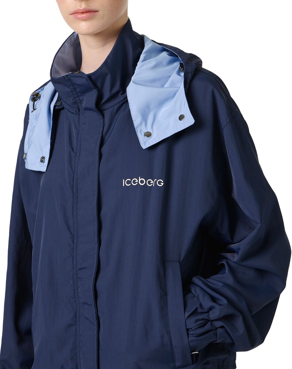 Iceberg Comfort fit blue jacket in technical nylon and Iceberg 3D print Blauw