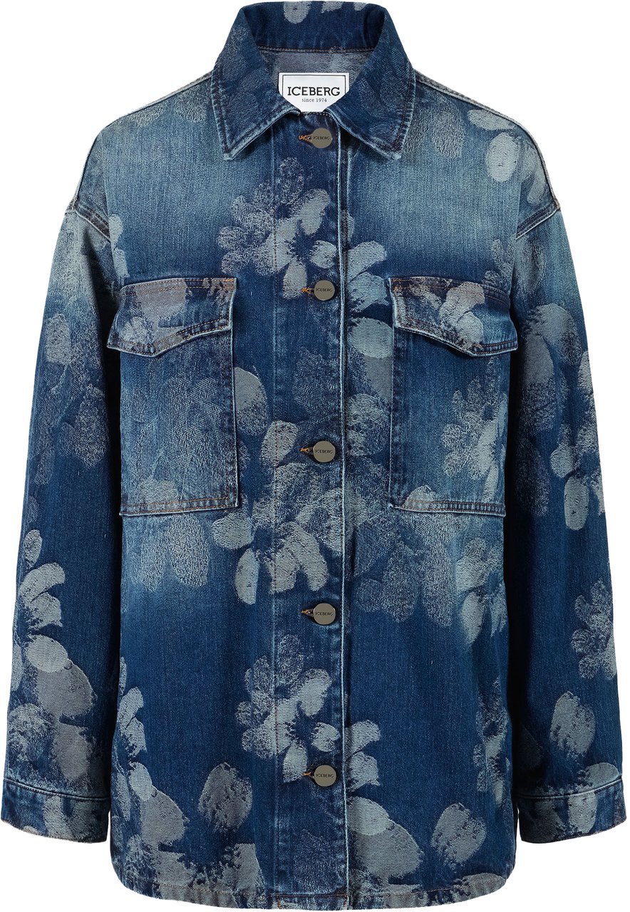 Iceberg Indigo, comfort fit jacket in jacquard denim with a floral motif Blauw