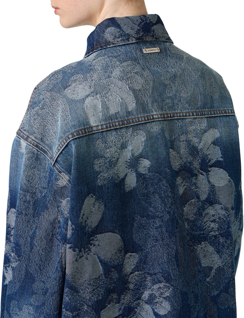 Iceberg Indigo, comfort fit jacket in jacquard denim with a floral motif Blauw