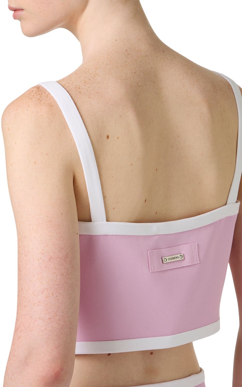 Iceberg Pink, cropped fit viscose-blend cady top, with contrasting shoulder straps Roze