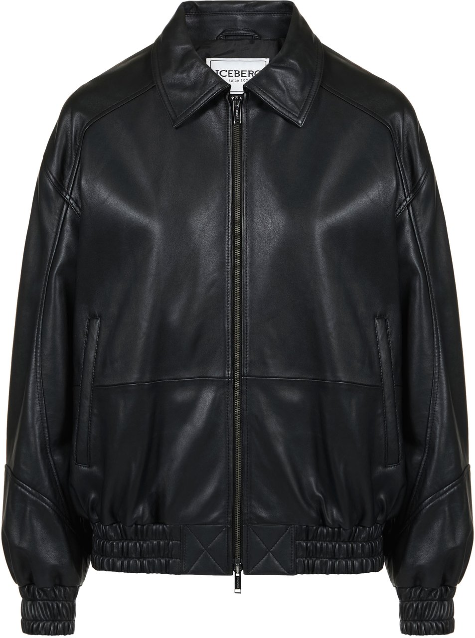 Iceberg Black leather bomber short jacket Zwart