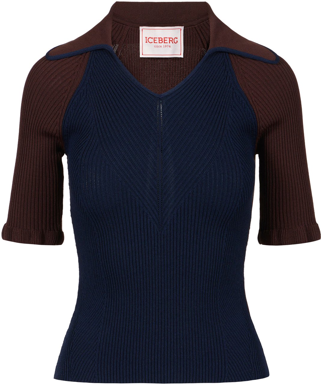 Iceberg Classic blue V-neck polo sweater in ribbed viscose blend Blauw