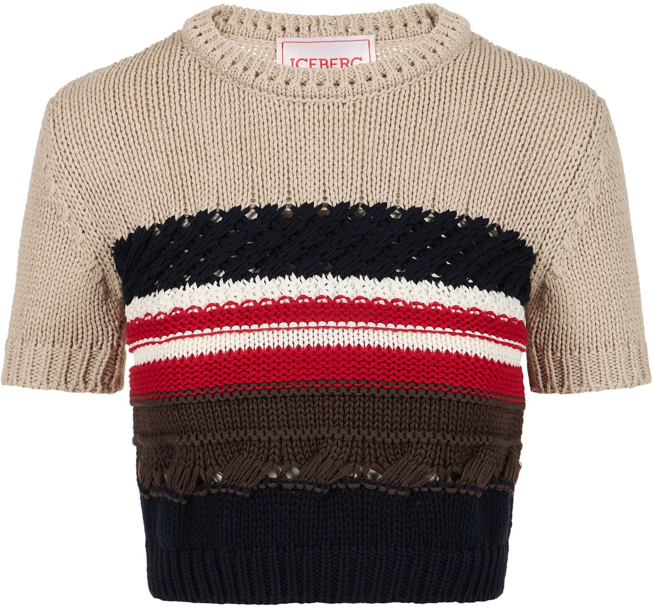 Iceberg Short-sleeved cotton crew neck sweater, in a multicolored pattern Zwart