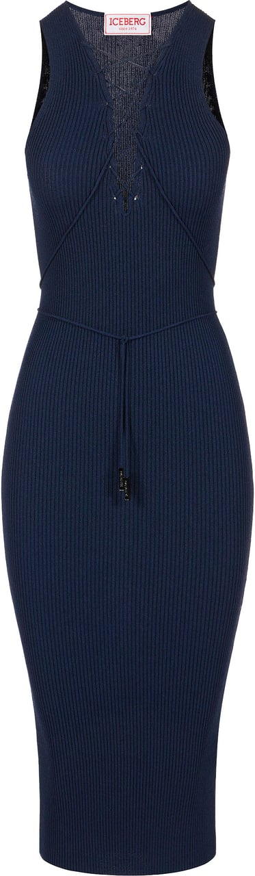Iceberg Classic blue dress in ribbed viscose blend with braided ties Blauw