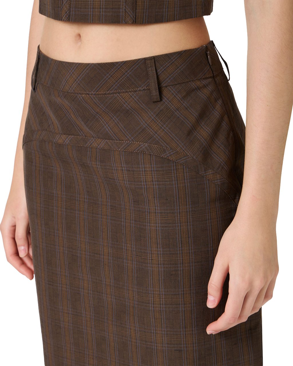 Iceberg Regular fit brown check sheath skirt in cotton and linen Divers