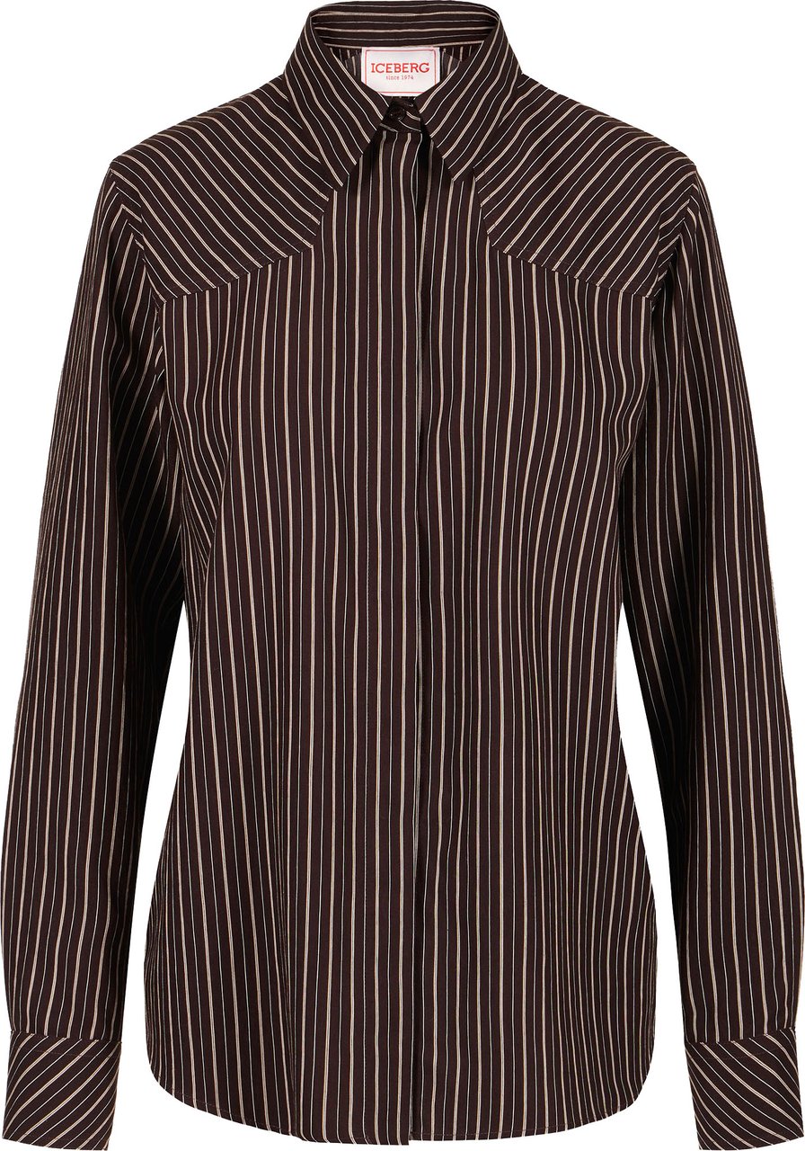 Iceberg Comfort fit brown and white pinstripe long-sleeved viscose shirt Zwart