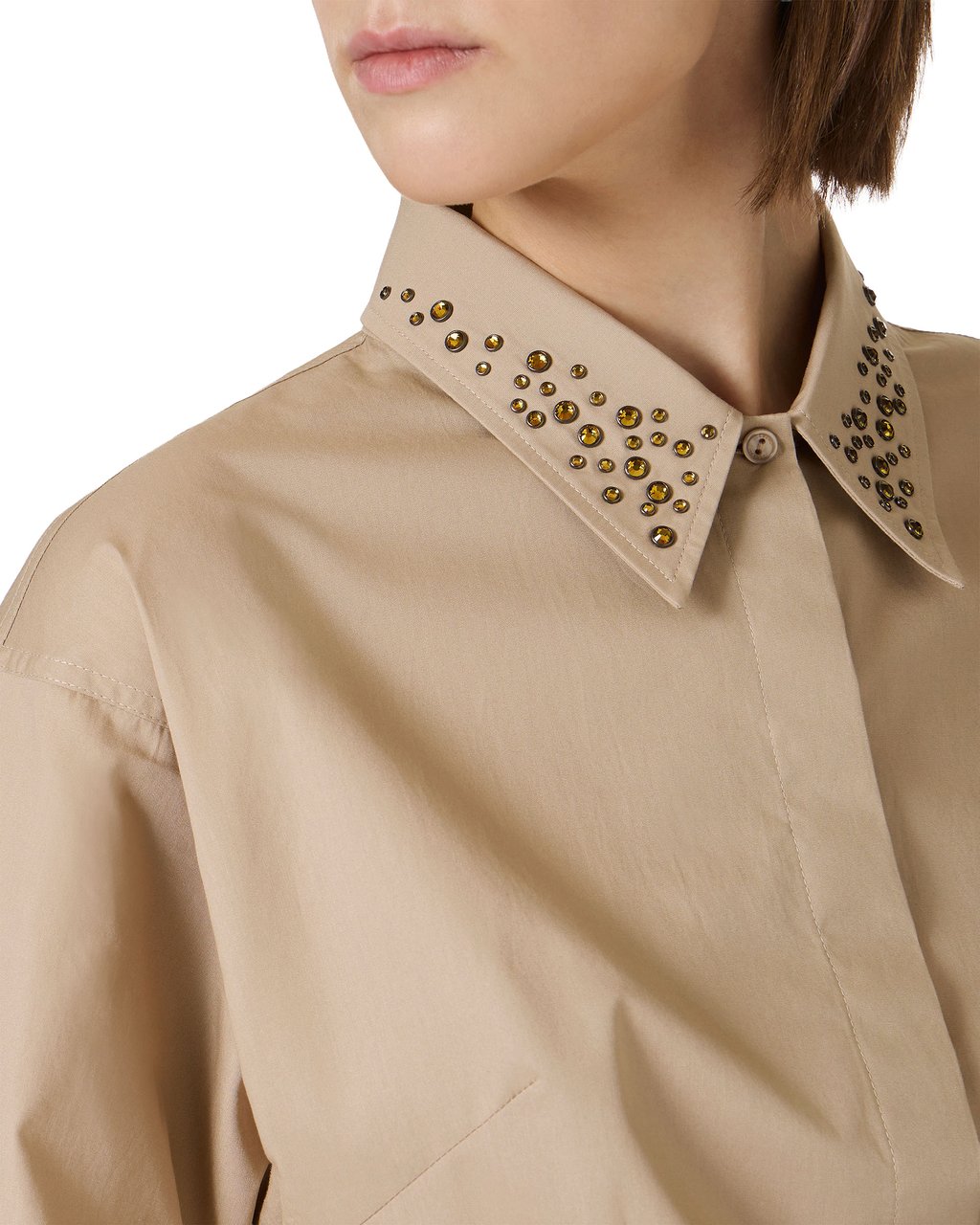Iceberg Long-sleeved sand-colored poplin shirt with rhinestones Wit