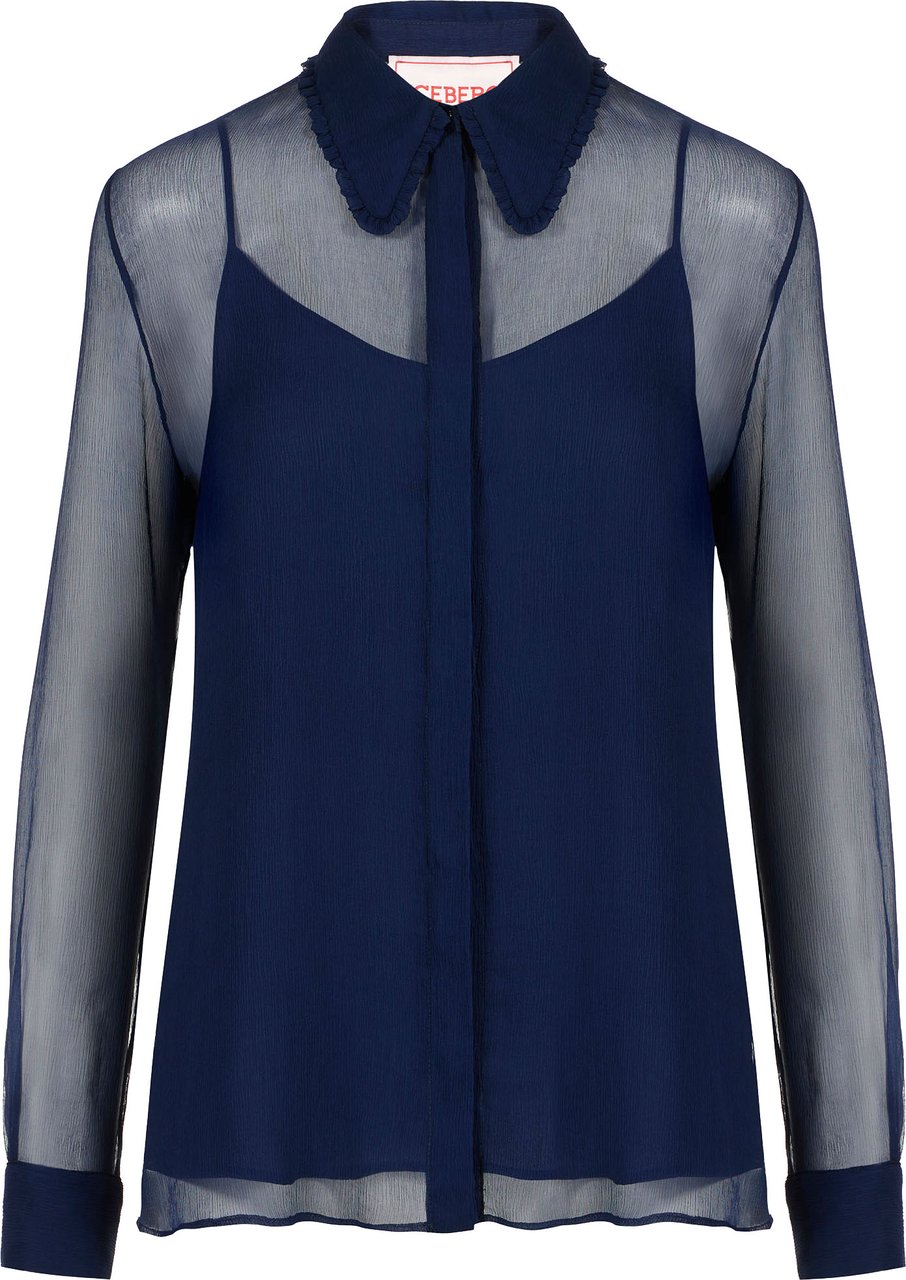 Iceberg Regular fit soft blue long-sleeved silk crepe shirt Blauw