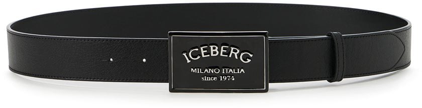 Iceberg Black, smooth leather belt with laminated logoed buckle Zwart