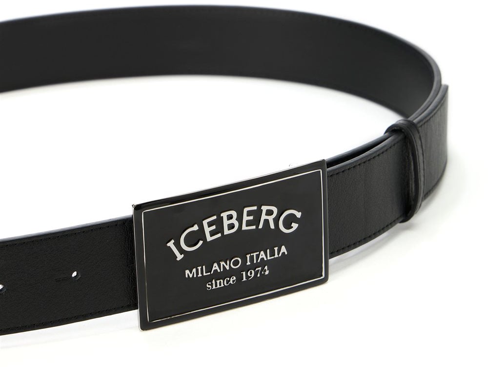 Iceberg Black, smooth leather belt with laminated logoed buckle Zwart