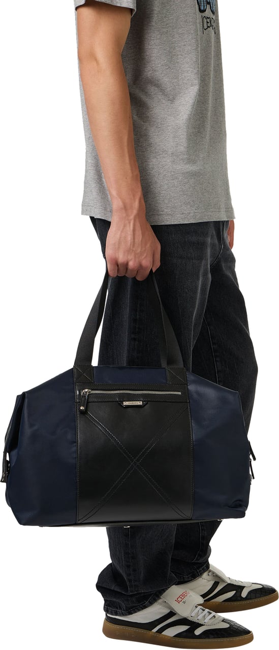 Iceberg Large blue and black nylon duffel bag with leather details Divers