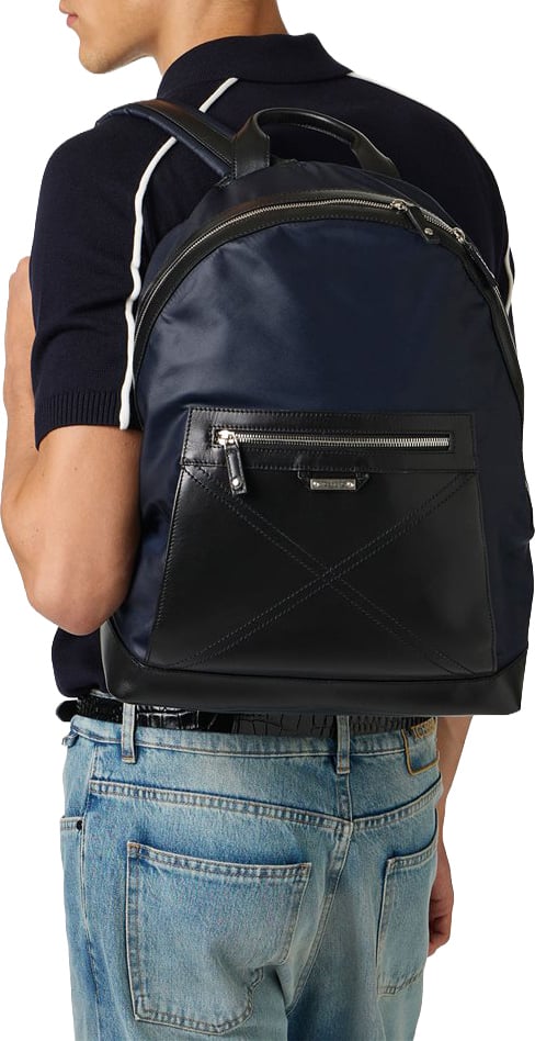 Iceberg Blue and black nylon backpack with leather gusset and logoed plaque Divers