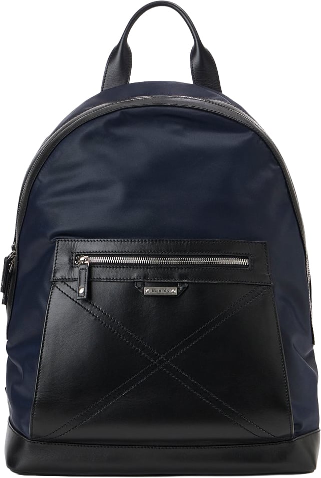 Iceberg Blue and black nylon backpack with leather gusset and logoed plaque Divers