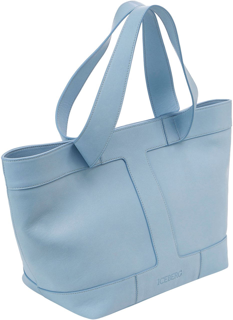 Iceberg Large shopper in powder blue velvet leather with stitched logo Blauw