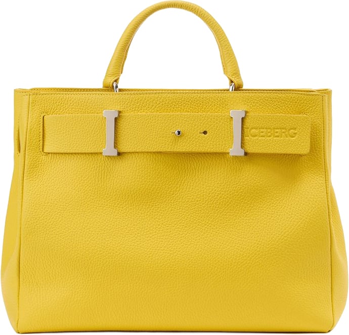 Iceberg Yellow maxi shopper in calfskin leather with I buckle Geel