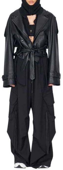 Isabel Benenato Blouson cuir noir oversize ceinture DL03F25 O1 Isabel Benenato femme Zwart