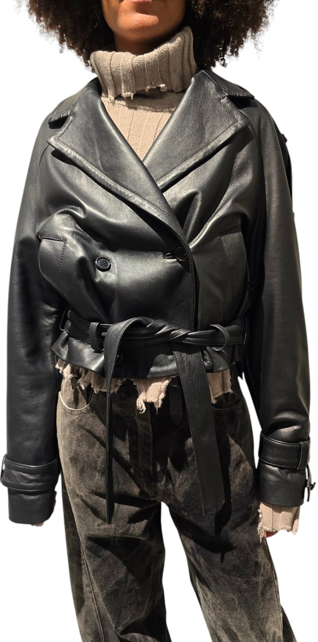 Isabel Benenato Blouson cuir noir oversize ceinture DL03F25 O1 Isabel Benenato femme Zwart