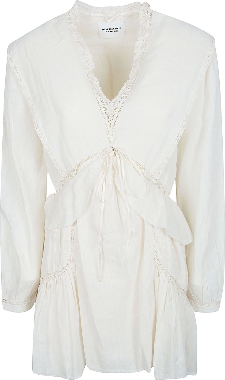 Isabel Marant Ecru Mini Dress with Lace Trims and Ruffled Hem Wit