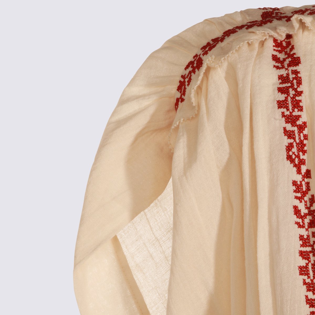 Isabel Marant Maxi Dress with Vertical Red Embroidery and Puffed Sleeves Neutraal