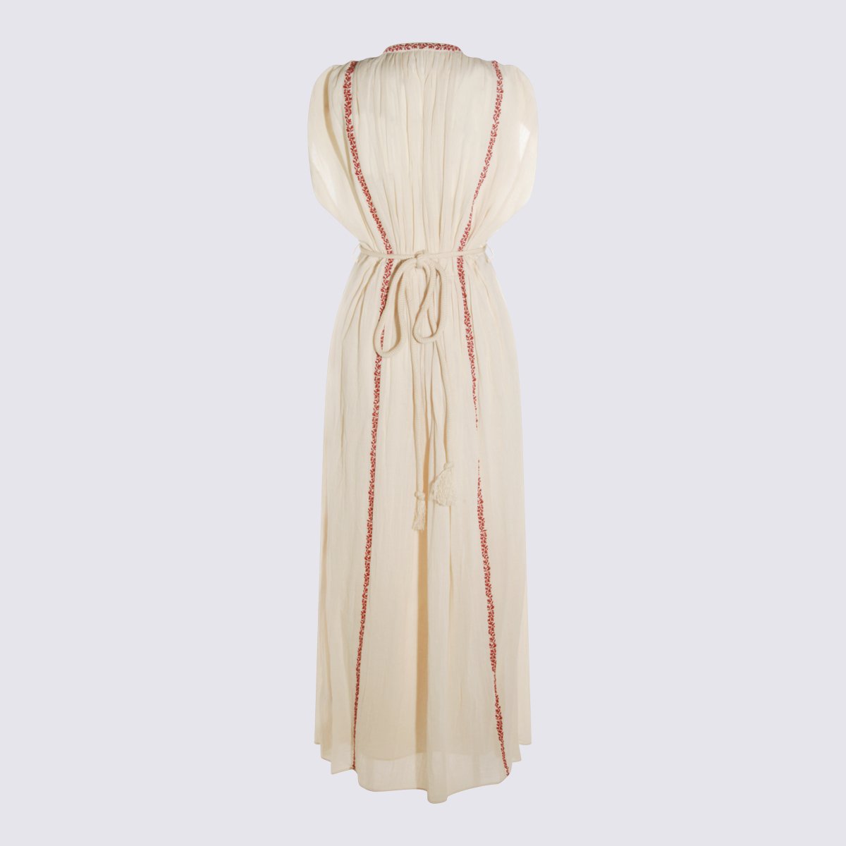 Isabel Marant Maxi Dress with Vertical Red Embroidery and Puffed Sleeves Neutraal