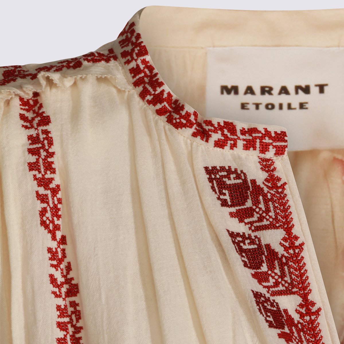 Isabel Marant Maxi Dress with Vertical Red Embroidery and Puffed Sleeves Neutraal