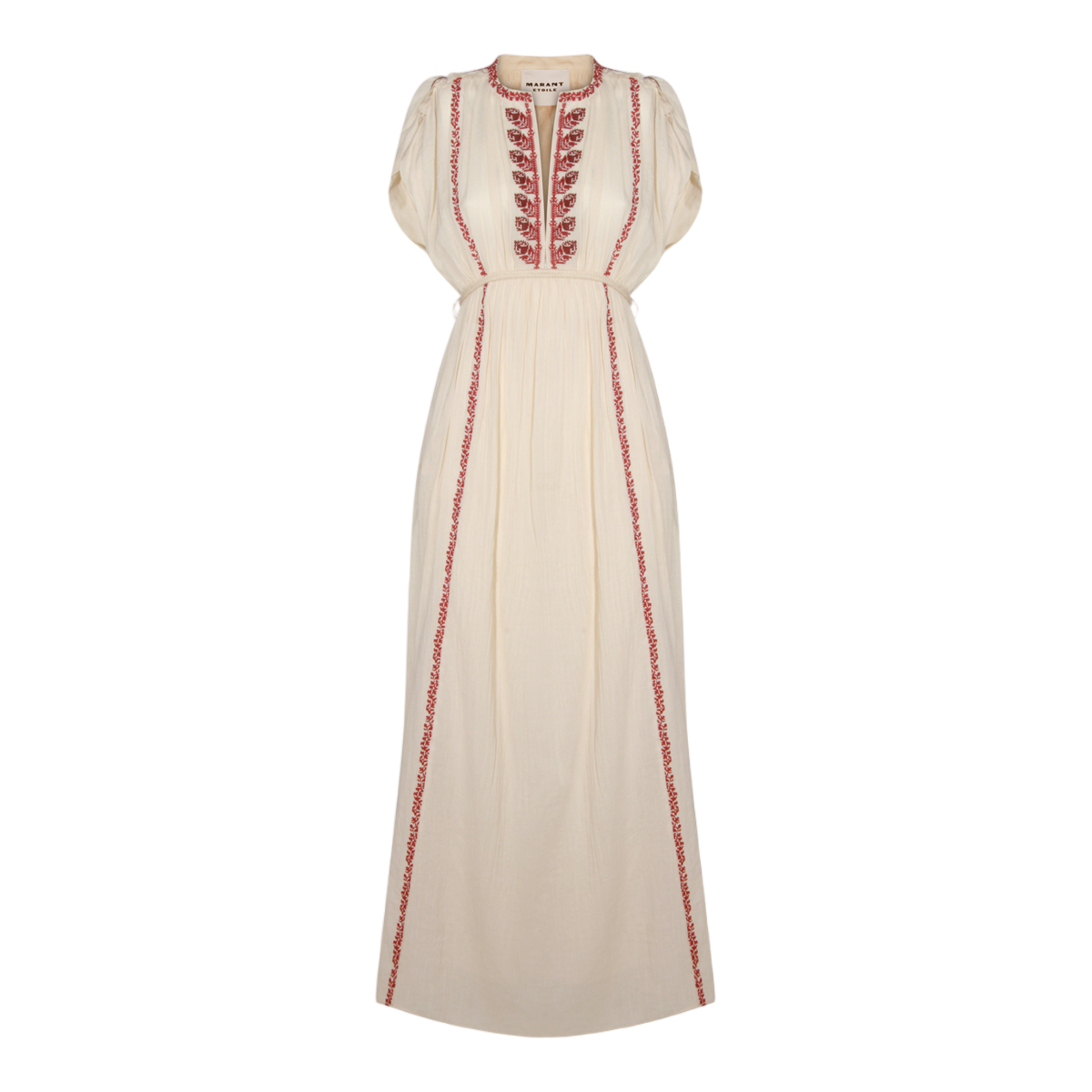 Isabel Marant Maxi Dress with Vertical Red Embroidery and Puffed Sleeves Neutraal