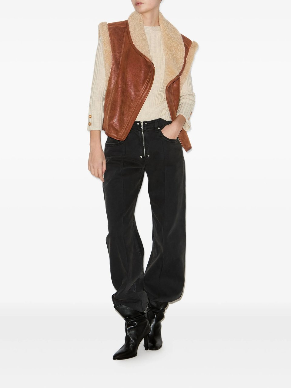 Isabel Marant Cropped Brown Leather Jacket With Plush Shearling Detailing Bruin