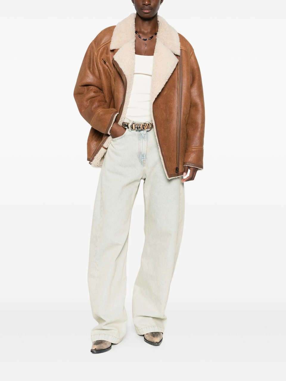 Isabel Marant Boxy Brown Leather Coat With Plush Shearling Collar Bruin