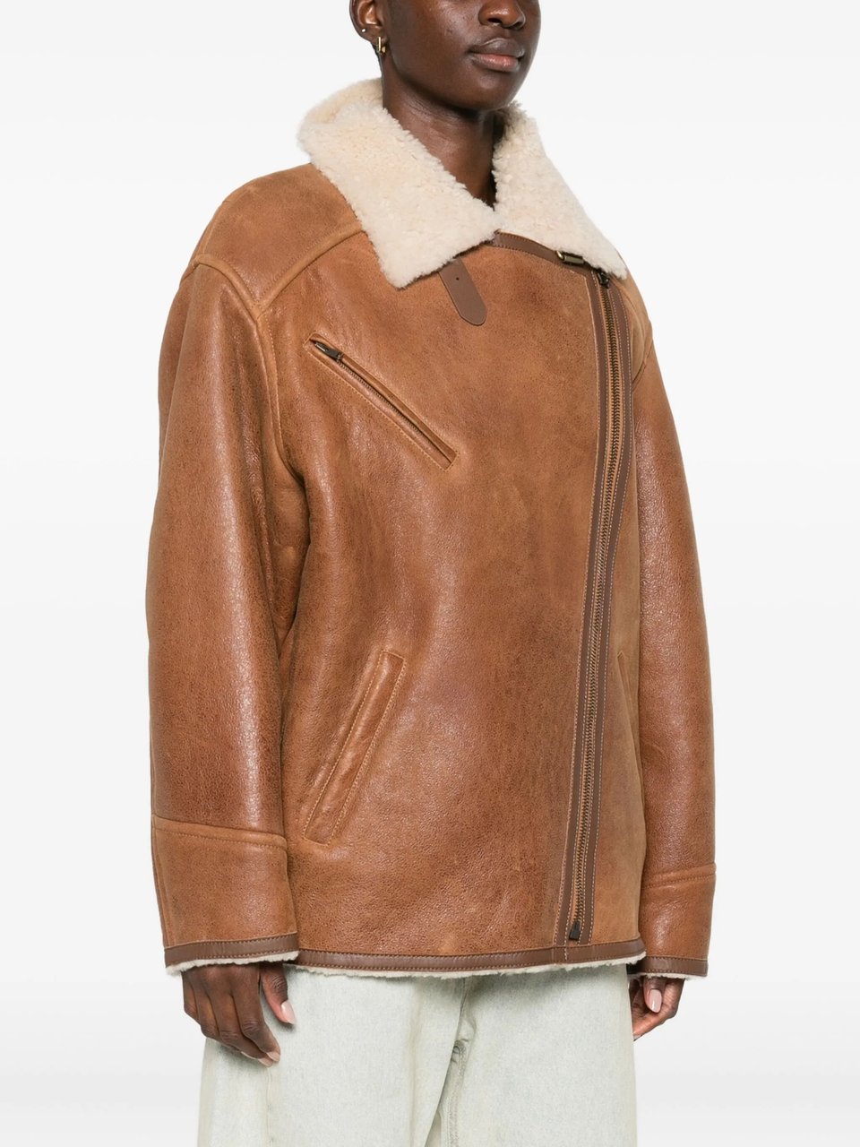 Isabel Marant Boxy Brown Leather Coat With Plush Shearling Collar Bruin