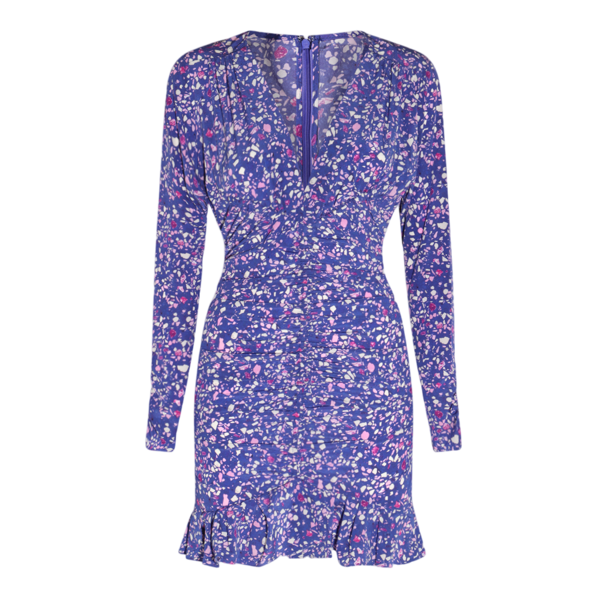 Isabel Marant Fitted Floral Mini Dress with Deep V-Neckline and Ruffled Hemline Paars