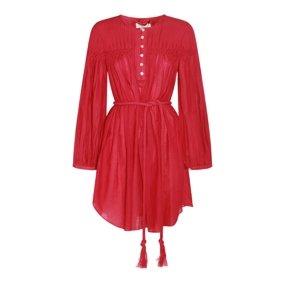 Isabel Marant Vibrant Red Bohemian Mini Dress with Pleated Details and Tassel Belt Rood