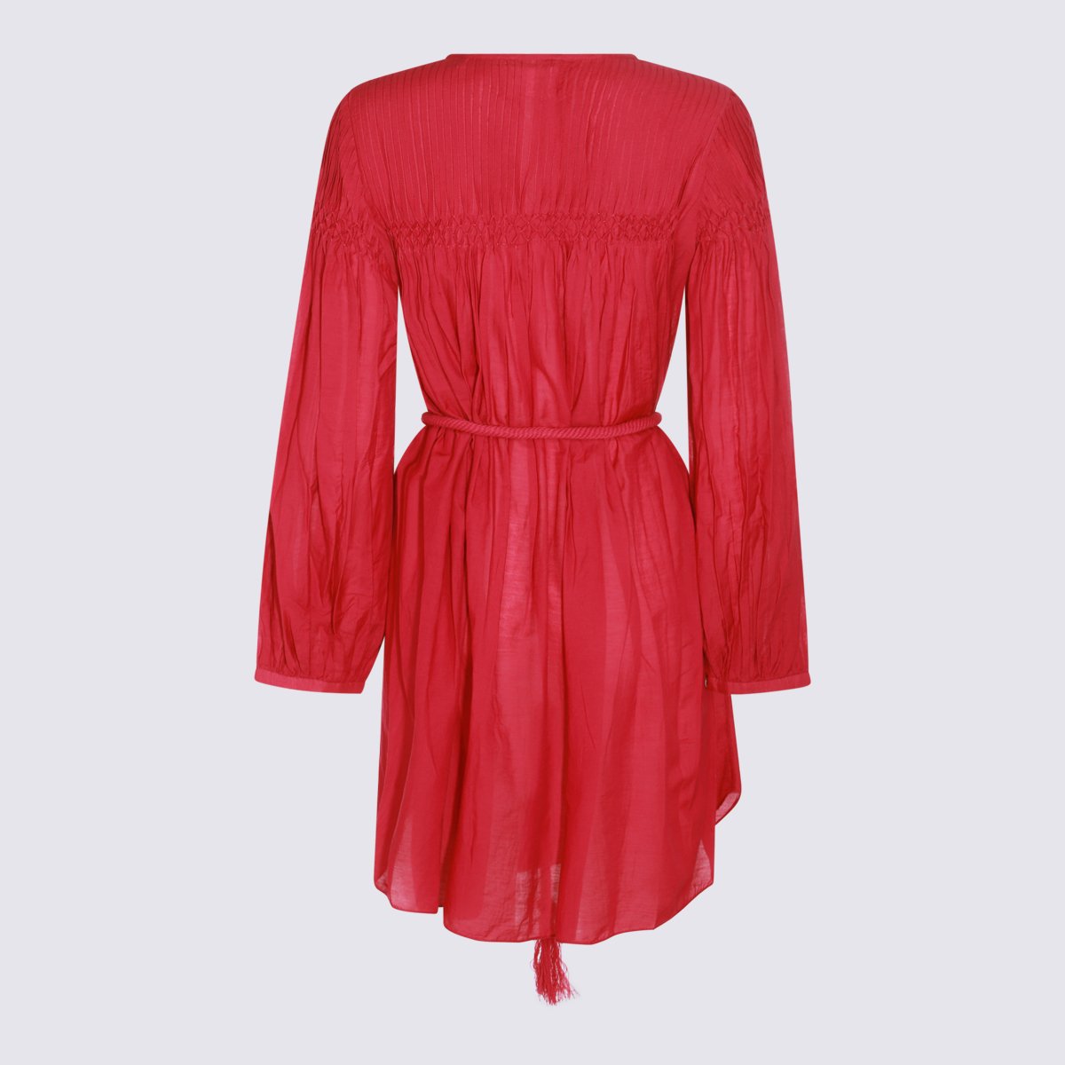 Isabel Marant Vibrant Red Bohemian Mini Dress with Pleated Details and Tassel Belt Rood