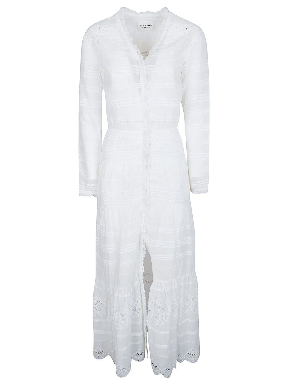 Isabel Marant Long White Dress with Crochet Lace Inserts and Asymmetrical Hem Wit