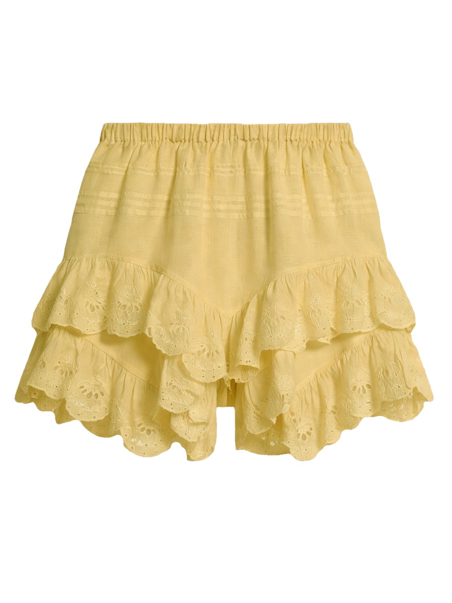 Isabel Marant Ruffled Eyelet Lace Shorts with Elastic Waistband Bruin