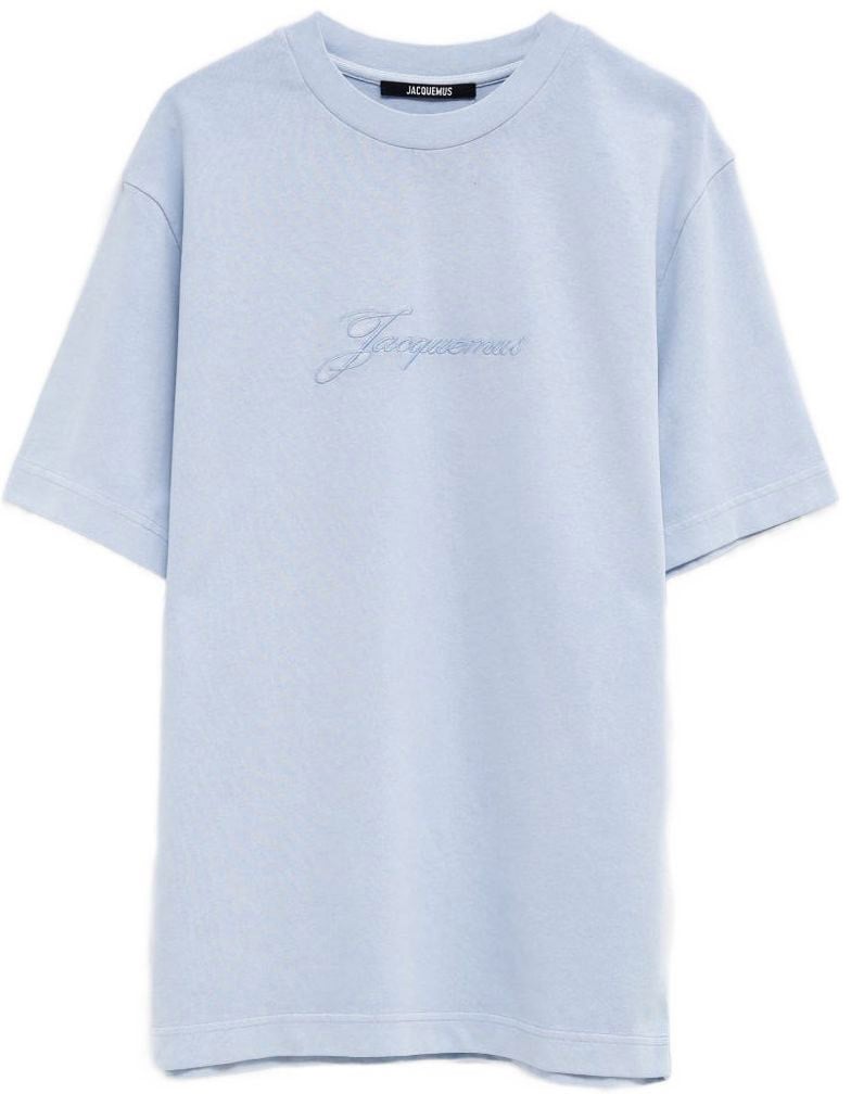 Jacquemus Light Blue Round Neck T-Shirt with Embroidered Logo Blauw