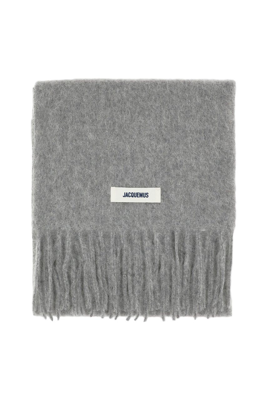 Jacquemus Fringed Grey Wool Blend Scarf With Embroidered Logo Grijs